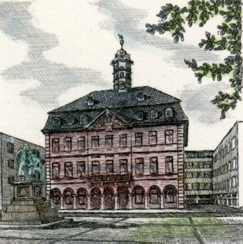 Hanau, Rathaus mit Geschw. Grimm-Denkmal