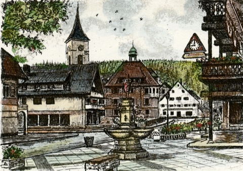 Lenzkirch, Brunnen mit Kirche