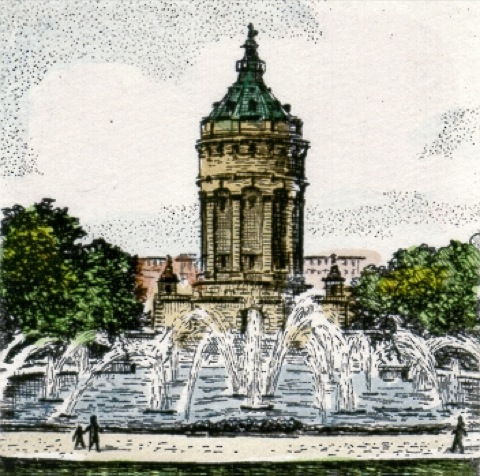 Mannheim, Springbrunnen mit Turm