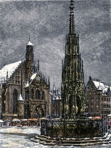Nürnberg, Schöner Brunnen im Winter