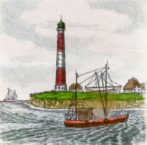 Nordsee, Leuchtturm mit Krabbenkutter