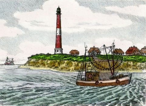 Nordsee, Krabbenkutter vor Leuchtturm