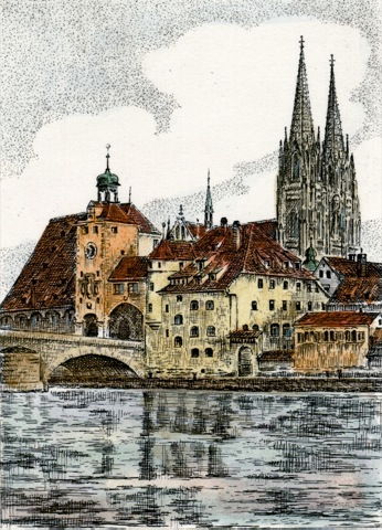 Regensburg, Brückentor mit Dom