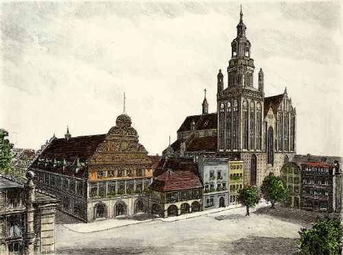 Stargard, Markt mit Rathaus und Marienkirche