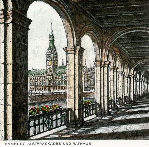 Hamburg, Alsterarkaden und Rathaus