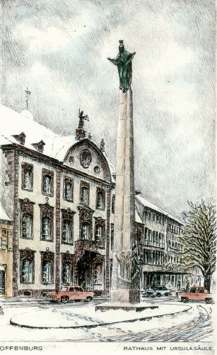 Offenburg, Rathaus mit Ursulasäule