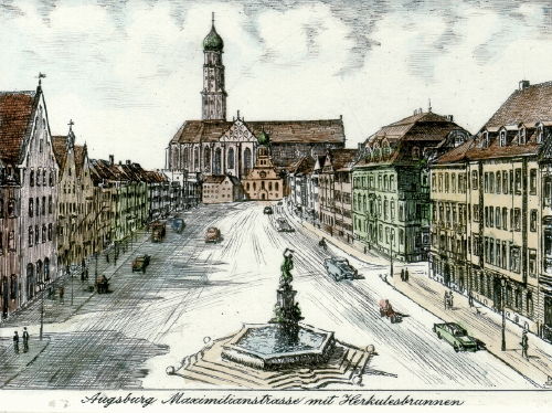 Augsburg, Maximilianstraße mit Herkulesbrunnen