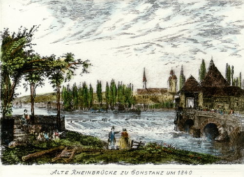 Konstanz, alte Rheinbrücke um 1840
