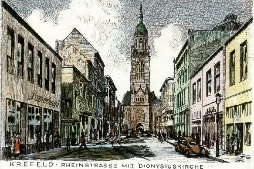 Krefeld, Rheinstrasse mit Dionysiuskirche